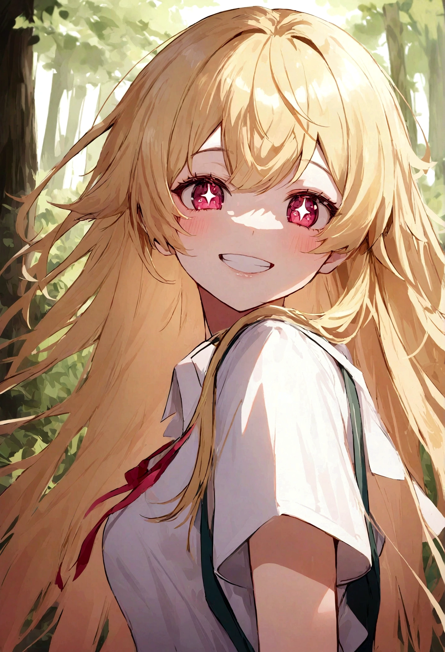 hoshinoruby, star-shaped pupils, ruby_hoshino, blonde hair, bangs, 1girl, pink eyes, long hair, looking at viewer, red eyes, grin, High School Uniforms, forest,