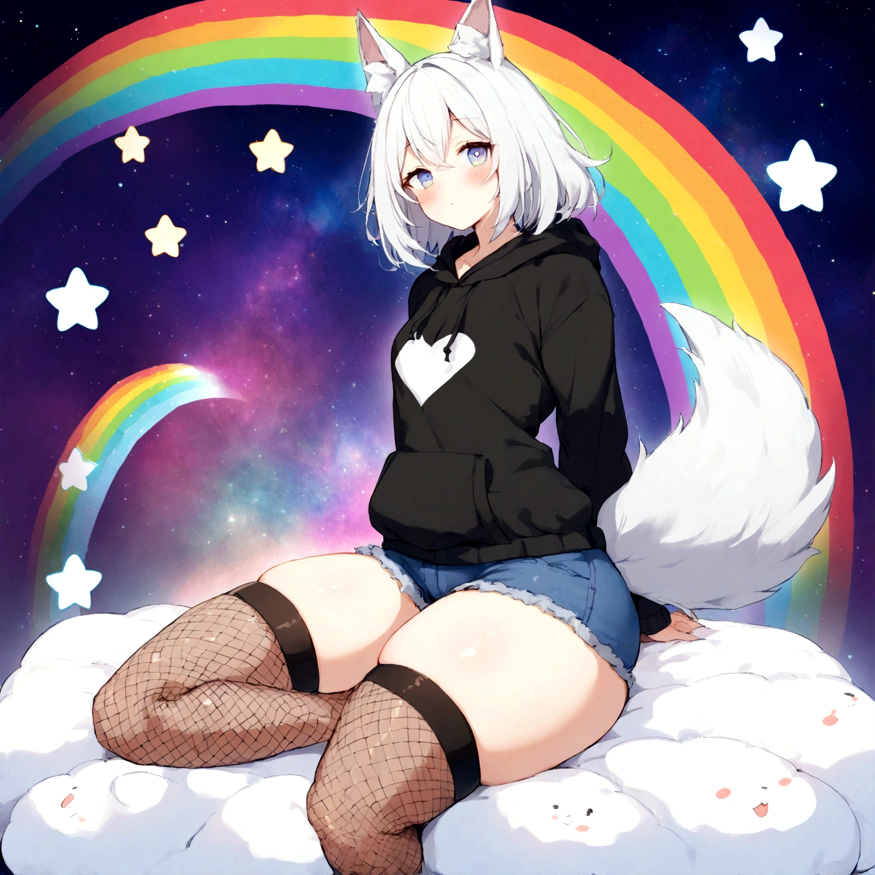 a cute adult male with wolf ears, white hair, has a wolf tail, wearing a loose cropped oversized black hoodie, wearing a pair of denim short shorts and thigh high fishnet stockings, thick thighs, wide hips, relaxing on mound of fluffy multi colored kawaii plushies, short, very slim, showing slender tummy, stretching out, heart on hoodie, squishy thighs, has glowing blue eyes. alone, solo (ALONE)(SOLO), surrounded by rainbows, colorful galaxy backround, nice butt