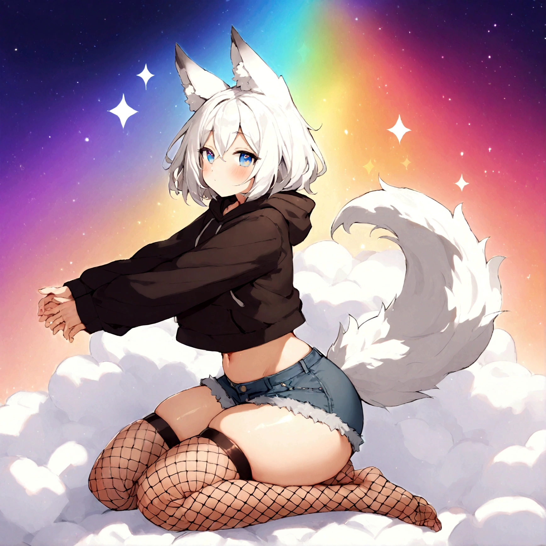 a cute adult male with wolf ears, white hair, has a wolf tail, wearing a loose cropped oversized black hoodie, wearing a pair of denim short shorts and thigh high fishnet stockings, thick thighs, wide hips, relaxing on mound of fluffy multi colored kawaii plushies, short, very slim, showing slender tummy, stretching out, heart on hoodie, squishy thighs, has glowing blue eyes. alone, solo (ALONE)(SOLO), surrounded by rainbows, colorful galaxy backround, nice butt