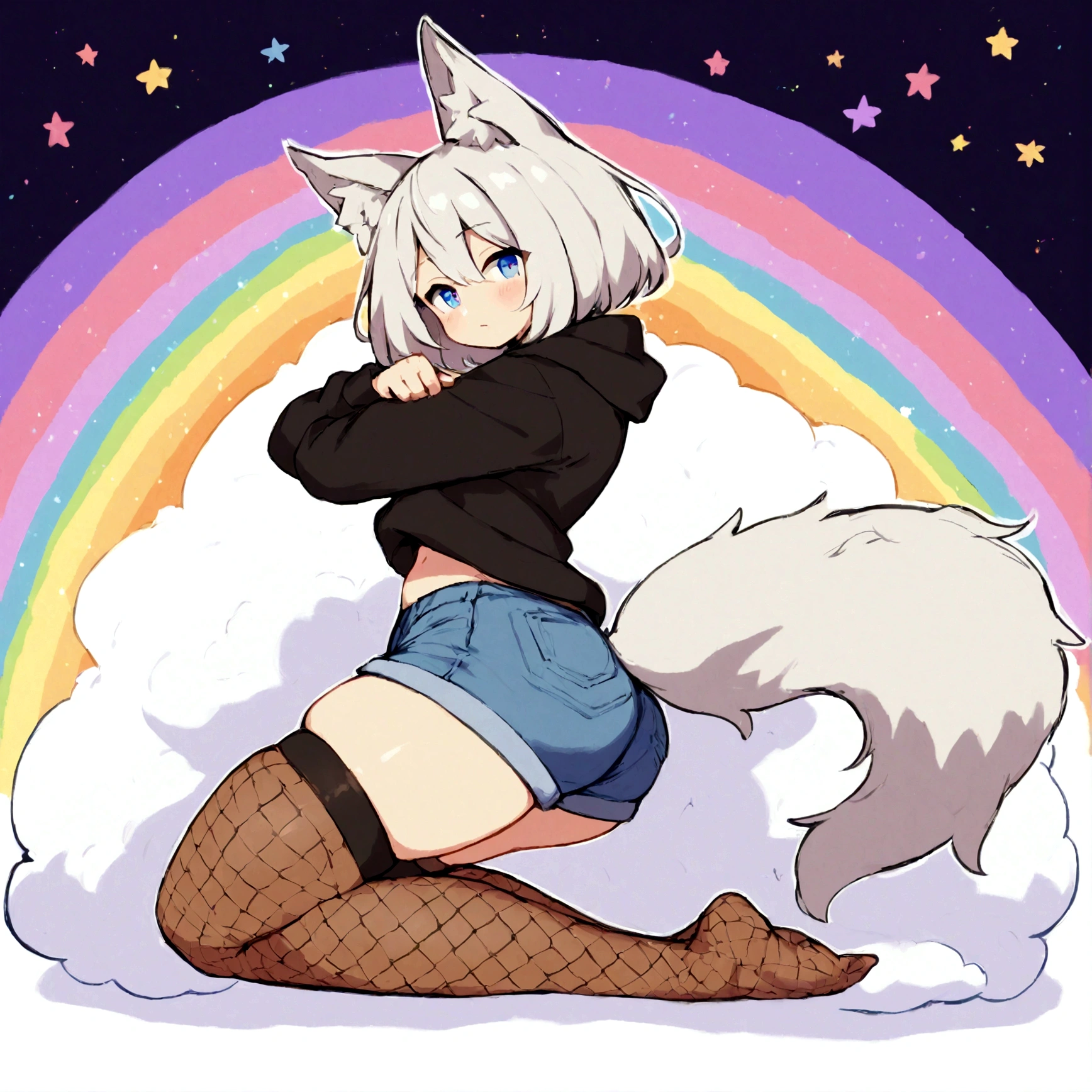 a cute adult male with wolf ears, white hair, has a wolf tail, wearing a loose cropped oversized black hoodie, wearing a pair of denim short shorts and thigh high fishnet stockings, thick thighs, wide hips, relaxing on mound of fluffy multi colored kawaii plushies, short, very slim, showing slender tummy, stretching out, heart on hoodie, squishy thighs, has glowing blue eyes. alone, solo (ALONE)(SOLO), surrounded by rainbows, colorful galaxy backround, nice butt