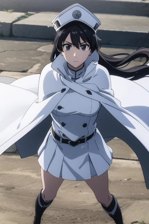 bambietta, bambietta basterbine, long hair, black hair, (black eyes:1.5), (medium breast:1.2),
BREAK skirt, gloves, boots, belt, cape, cloak, white cloak, hat, cap,
BREAK looking at viewer,
BREAK outdoors,
BREAK (masterpiece:1.2), best quality, high resolution, unity 8k wallpaper, (illustration:0.8), (beautiful detailed eyes:1.6), extremely detailed face, perfect lighting, extremely detailed CG, (perfect hands, perfect anatomy),
