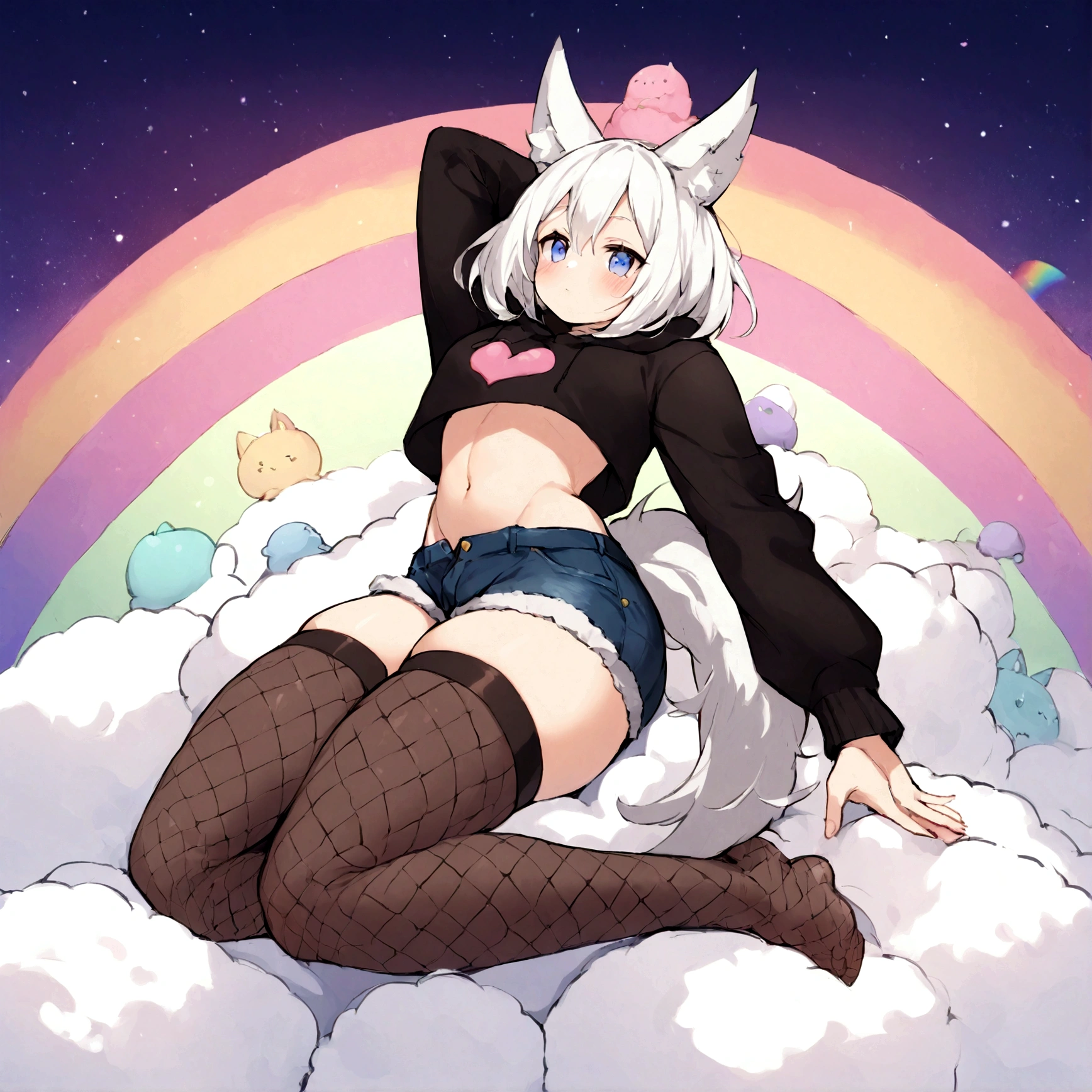 a cute adult male with wolf ears, white hair, has a wolf tail, wearing a loose cropped oversized black hoodie, wearing a pair of denim short shorts and thigh high fishnet stockings, thick thighs, wide hips, relaxing on mound of fluffy multi colored kawaii plushies, short, very slim, showing slender tummy, stretching out, heart on hoodie, squishy thighs, has glowing blue eyes. alone, solo (ALONE)(SOLO), surrounded by rainbows, colorful galaxy backround, nice butt