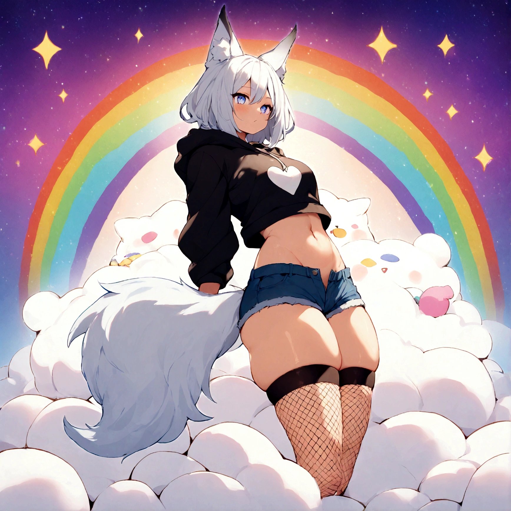 a cute adult male with wolf ears, white hair, has a wolf tail, wearing a loose cropped oversized black hoodie, wearing a pair of denim short shorts and thigh high fishnet stockings, thick thighs, wide hips, relaxing on mound of fluffy multi colored kawaii plushies, short, very slim, showing slender tummy, stretching out, heart on hoodie, squishy thighs, has glowing blue eyes. alone, solo (ALONE)(SOLO), surrounded by rainbows, colorful galaxy backround, nice butt