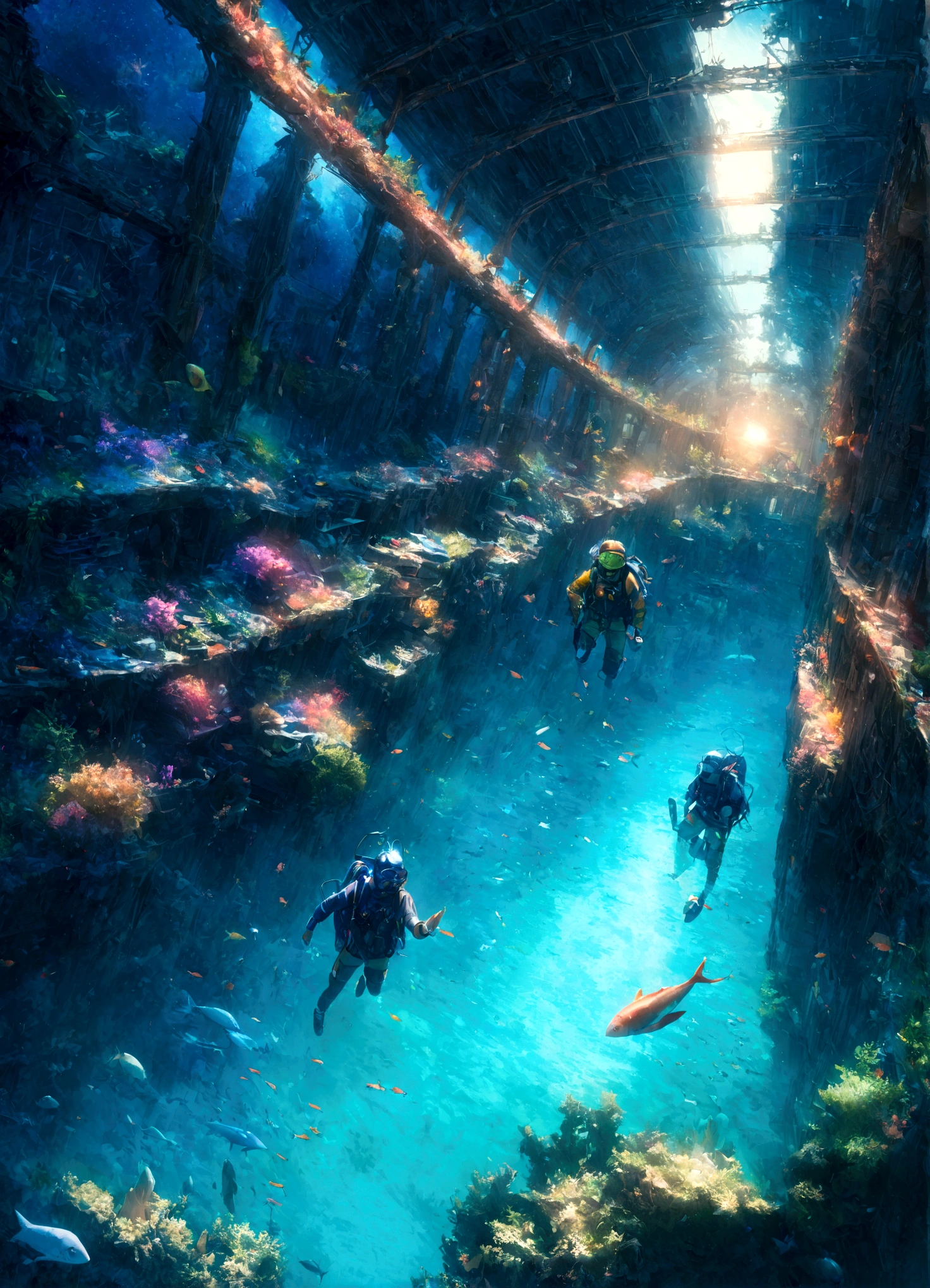(High resolution:1.2,Hyper HD,In the water),amy ross,scuba diving,shipwrecks,Free up space,Star Cloud,Fish swimming,Light of the sun,Deep Sea Exploration,adventure,explore the unknown,cosmic machine,In the water world,Life at sea,Diver,depth,In the water写真,colorful,Remote location,adventure sports,shipwrecksの探索,Rich bioDiversity,Vibrant colors,Detailed Texture,Water surface reflection,Sunlight passes through water,journey of discovery,Depth Perception,A thrilling experience