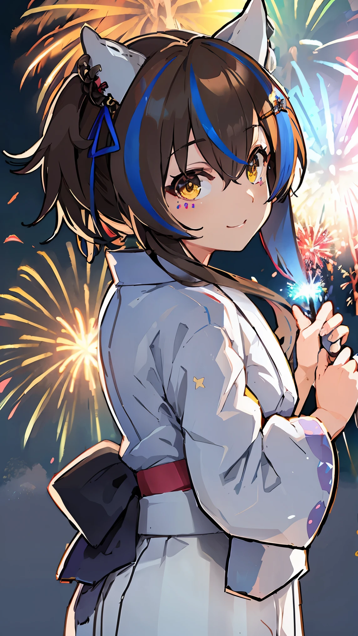 masterpiece, highest quality, High resolution, Very detailed,(((Daitaku Helios))), (((yukata))), (((firework))), smile