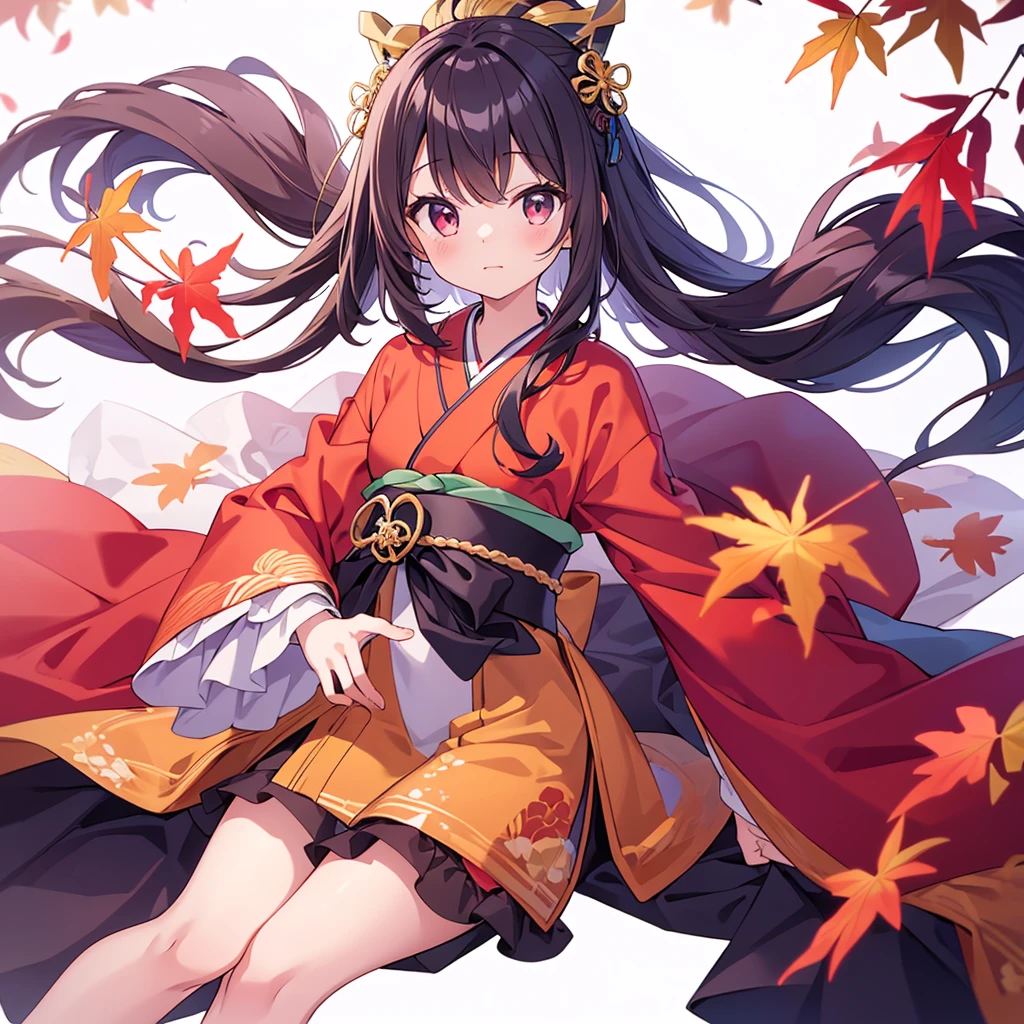 masterpiece、(highest quality)、(White Background)、(Perfect hands)、( girl)、(1 person)、kimono、Autumn foliage、doll'festival、Red eyes、Bob Hair、Black Hair