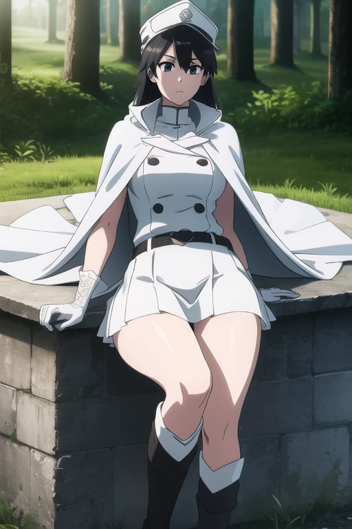bambietta, bambietta basterbine, long hair, black hair, (black eyes:1.5), (medium breast:1.2),
BREAK skirt, gloves, boots, belt, cape, cloak, white cloak, hat, cap,
BREAK looking at viewer,
BREAK outdoors,
BREAK (masterpiece:1.2), best quality, high resolution, unity 8k wallpaper, (illustration:0.8), (beautiful detailed eyes:1.6), extremely detailed face, perfect lighting, extremely detailed CG, (perfect hands, perfect anatomy),forest