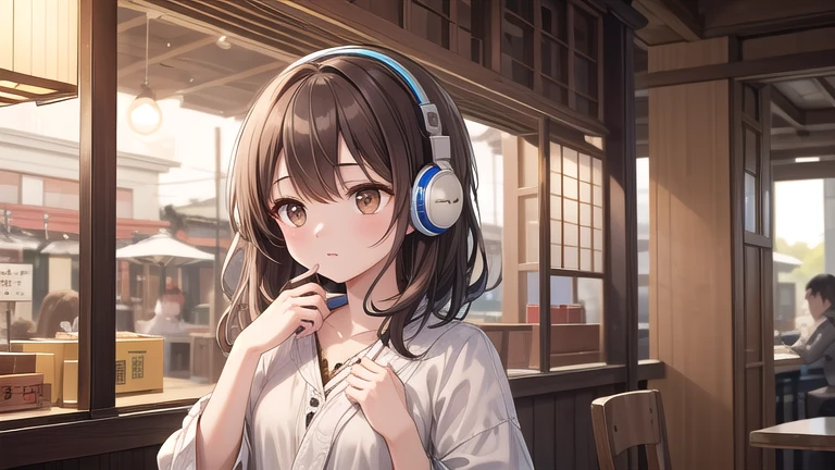Solo Girl, 20-year-old,Medium Hair, Dark brown hair, Brown eyes, Gazing into the distance、Center of chest、hair ornaments、headphone、listen to music、Cafe、Drink coffee、Kyoto Gion、 highest quality, High resolution, Very detailed, Detailed Background, Perfect lighting