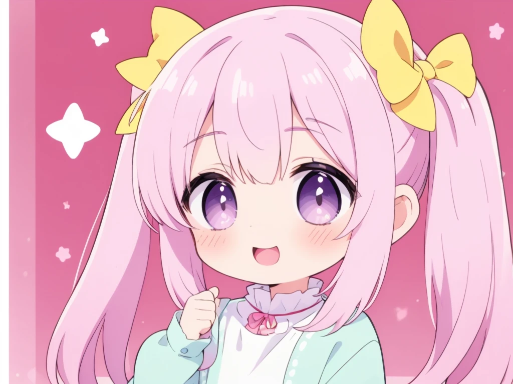 (pastel:1.2)、(Chibi Girl:1.2)、Esbian all over、Long twin tails、Bow and Bow、border pajamas、Funny pose、What's that？、Laughter、Vertical striped background、 pink gradation