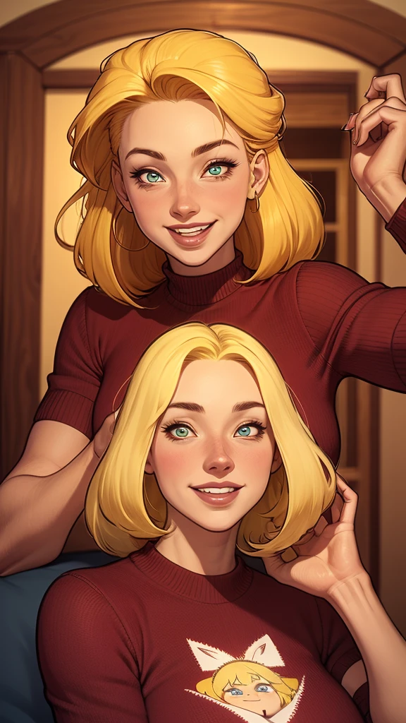 a close-up of a woman in a girl sweater , beautiful mulher ruiva, cute young blonde girl she is blonde , mulher loira, uma jovem loira, Red head, decote, one is short blonde blonde, sardas fofas, lindo sorriso sedutor, com cabelos loiross e olhos verdes, linda e sorridente, sorrindo sedutoramente