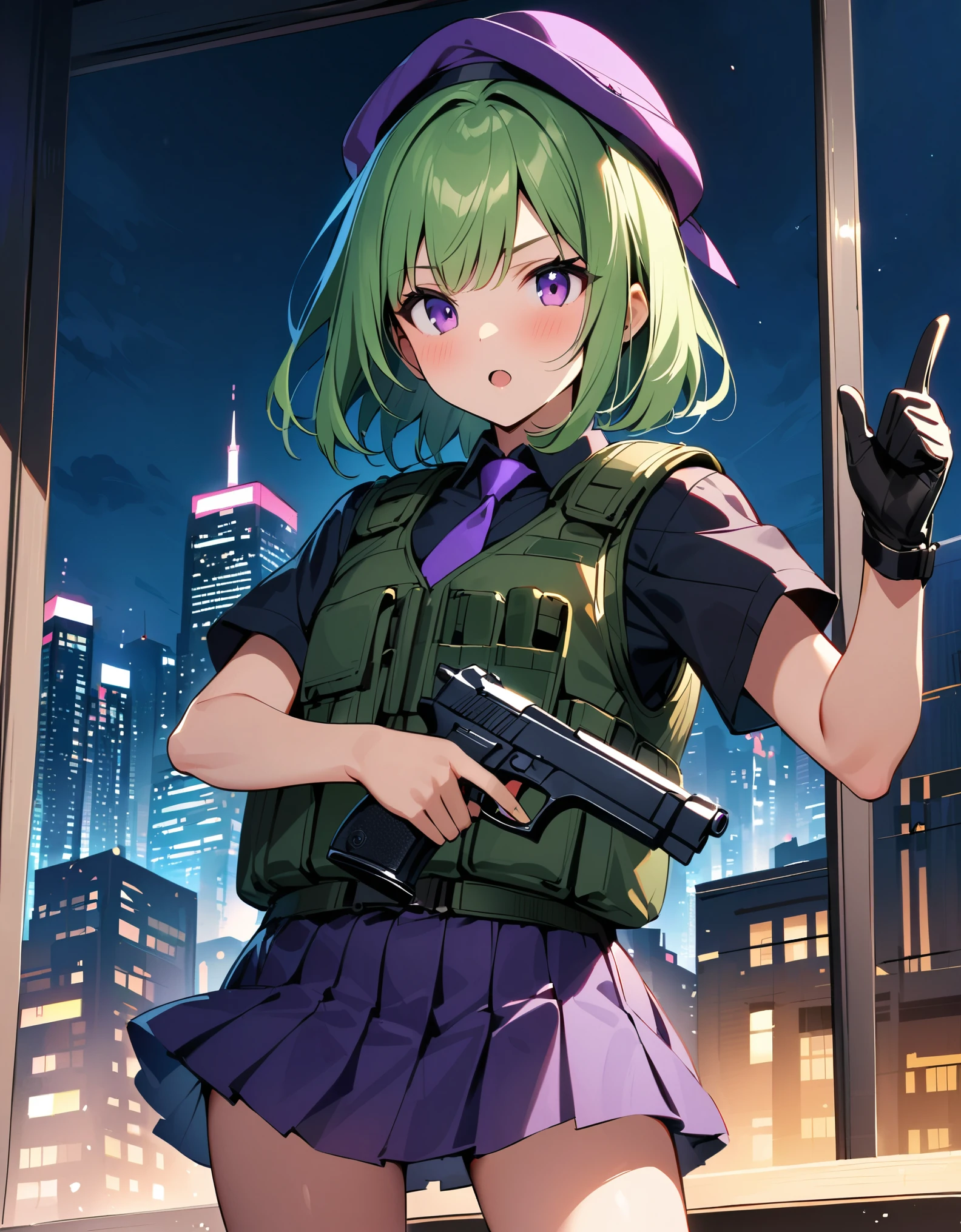 masterpiece, best quality, hires, top-quality、extremely delicate and beautiful、(a teenage girl)、purple eyes、green hair、short-haired、(purple pointy hat)、purple tie、solo、tactical vest、short sleeves. purple skirt, pleated skirt, miniskirt、(holding a pistol in her right hand, (beretta 92f))、((pointing the gun to the front)). city backdrop, night, noir atmosphere. cowboy shot.