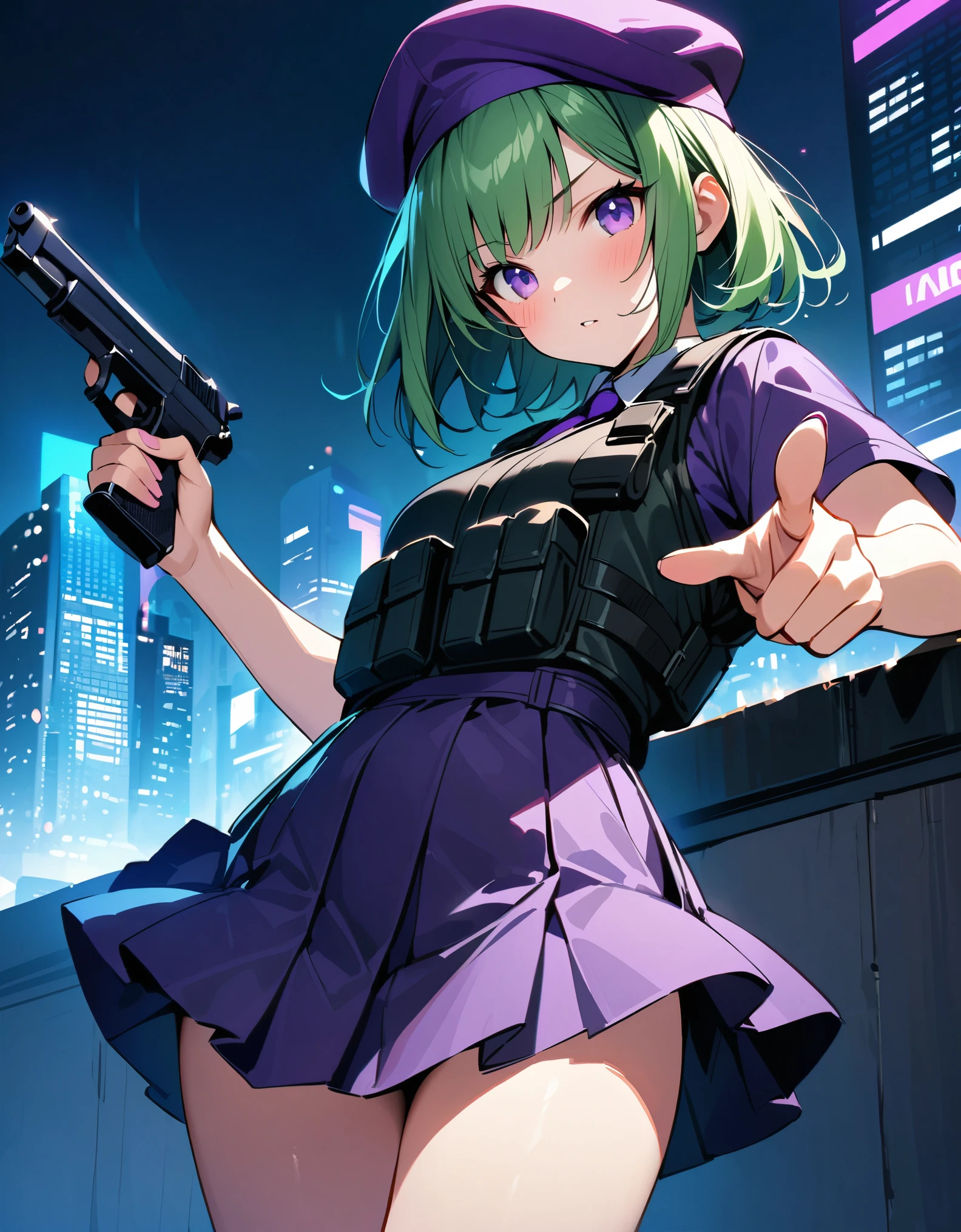 masterpiece, best quality, hires, top-quality、extremely delicate and beautiful、(a age girl)、purple eyes、green hair、short-haired、(purple pointy hat)、purple tie、solo、tactical vest、short sleeves. purple skirt, pleated skirt, miniskirt、(holding a pistol in her right hand, (beretta 92f))、((pointing the gun to the front)). city backdrop, night, noir atmosphere. cowboy shot.