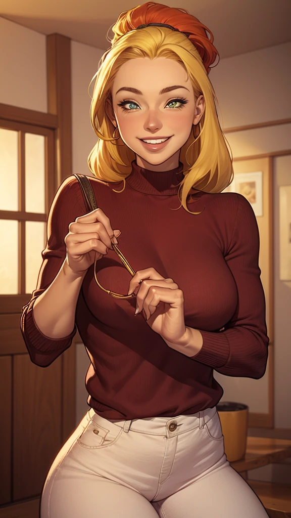 a close-up of a woman in a girl sweater , beautiful mulher ruiva, cute young blonde girl she is blonde , mulher loira, uma jovem loira, Red head, decote, one is short blonde blonde, sardas fofas, lindo sorriso sedutor, com cabelos loiross e olhos verdes, linda e sorridente, sorrindo sedutoramente