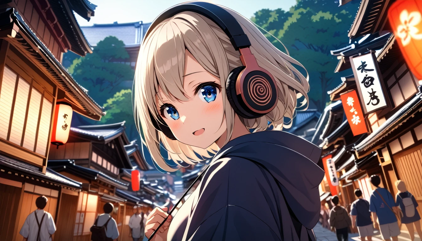 highest quality, Ultra-high resolution, One Girl、cute,(Platinum Blonde Hair:1), ((Puffy eyes)), View Audience(Depth of Field HDR 8K 4K Wallpaper Cinematic Angle, Kyoto Gion,headphone,listen to music