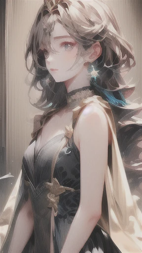 A princess, black (bioluminescent dress), long hair, crystal, flowers, detailed eyes, stars in the eyes