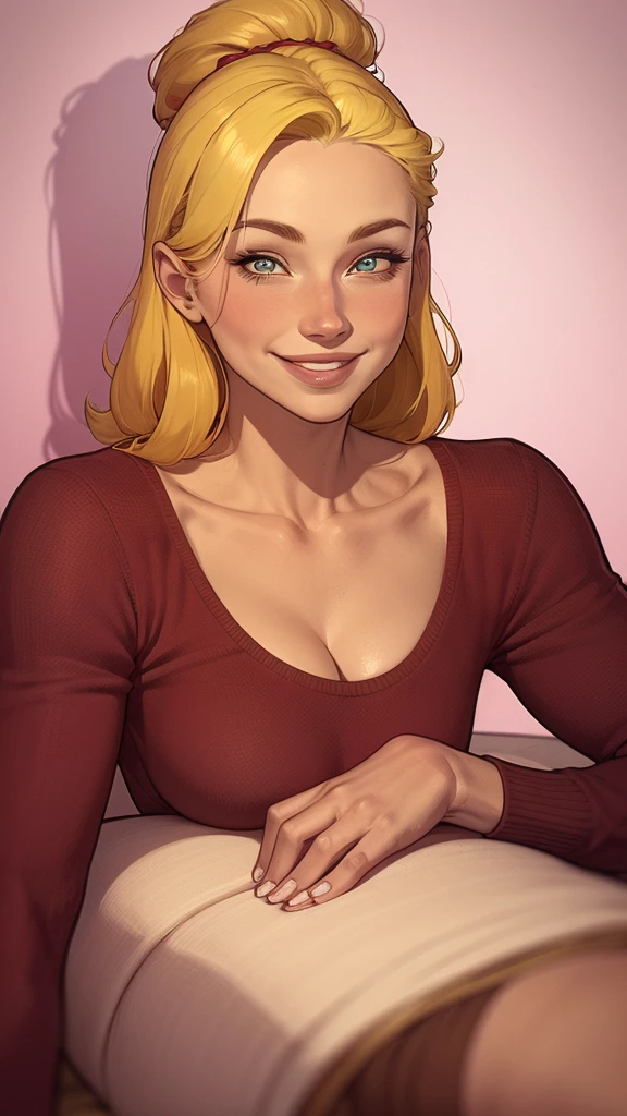 a close-up of a woman in a girl sweater , beautiful mulher ruiva, cute young blonde girl she is blonde , mulher loira, uma jovem loira, Red head, decote, one is short blonde blonde, sardas fofas, lindo sorriso sedutor, com cabelos loiross e olhos verdes, linda e sorridente, sorrindo sedutoramente