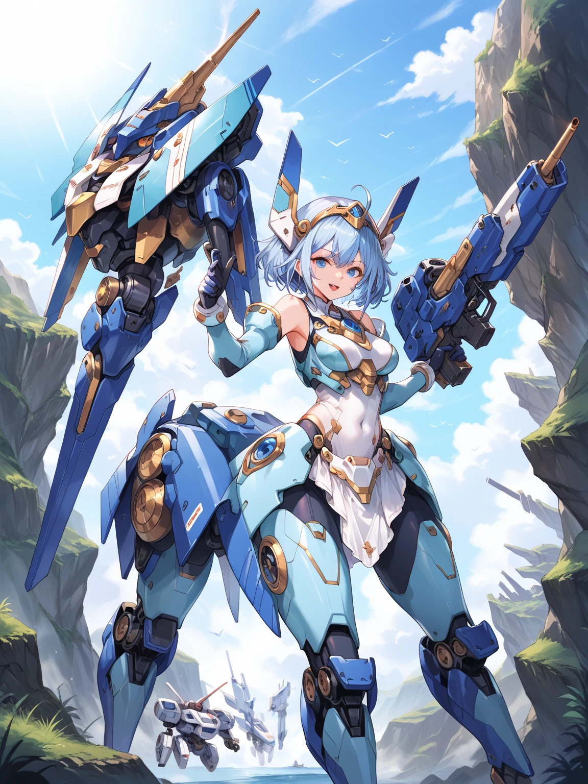 score_9, score_8_up, score_7_up, source_anime,masterpiece, best quality, high resolution, extremely detailed CG, absurdres, highres, ((perfect face, detailed face)), 1girl, solo, A mecha centaur girl, mecha girl, ((white_outfit with blue_praints)), holding weapon, mecha long gun, outdoors, (blue_hair, blue_armor), high contrast, ((gloss))