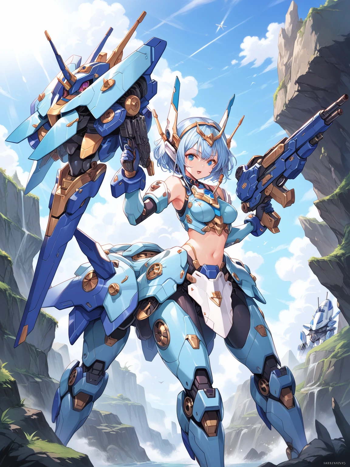 score_9, score_8_up, score_7_up, source_anime,masterpiece, best quality, high resolution, extremely detailed CG, absurdres, highres, ((perfect face, detailed face)), 1girl, solo, A mecha centaur girl, mecha girl, ((white_outfit with blue_praints)), holding weapon, mecha long gun, outdoors, (blue_hair, blue_armor), high contrast, ((gloss))