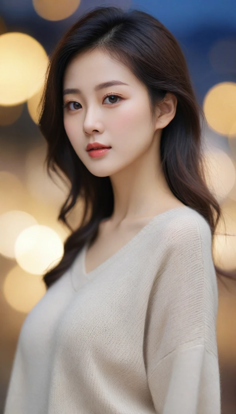 Close up of beautiful Korean woman, Chest size 34 inches, Wearing a rolled-up sleeve sweater, bokeh background,UHD