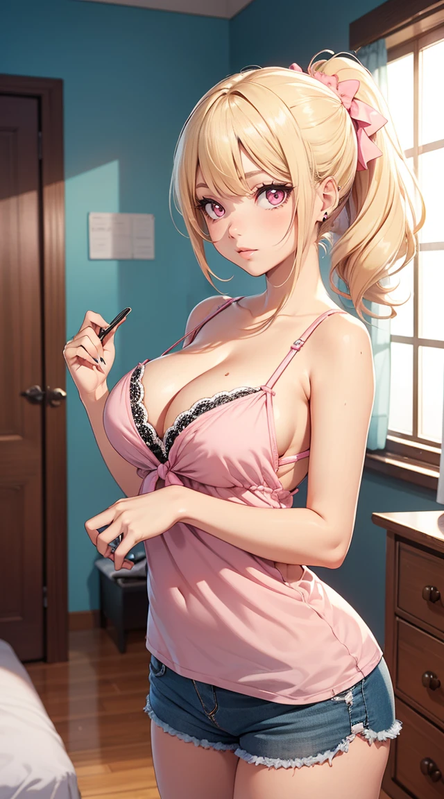 Blonde ponytail, busty, cleavage, camisole, shorts, (pov, wide shot), (pink theme), pink eyes, fashion, ((gyaru style)), decorated room,