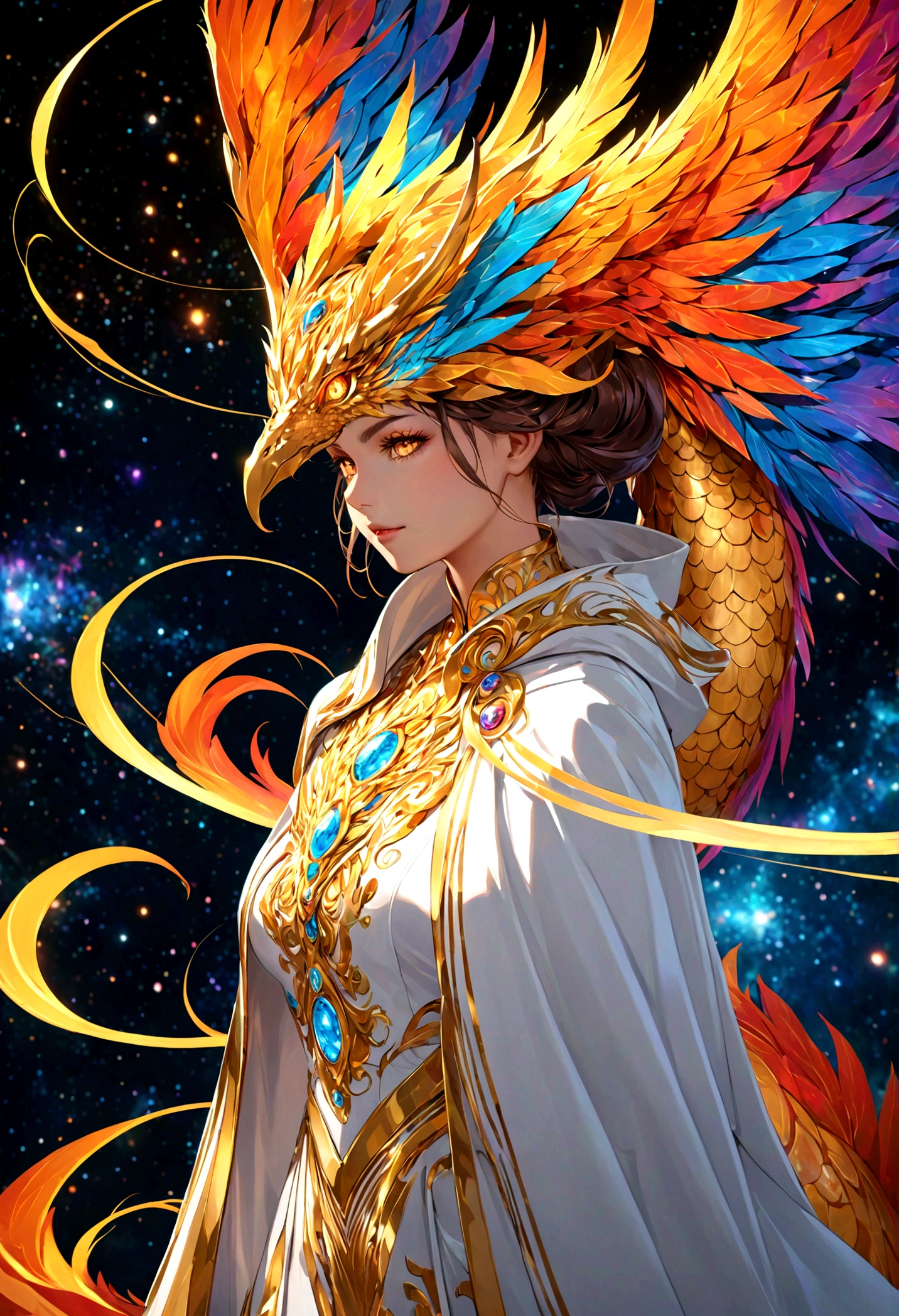 (masterpiece, Top quality, best quality, Official Art, beautiful and aesthetic:1.2), (1 Girl), Extremely detailed eyes, (Fractal Art:1.3), rich and colorful, The most detailed, (Perfect face), shiny skin, HDR, (white cloak golden lines:1.2), galaxy, (Light streaks), Eye-Catching Visuals, (Dynamic Stripes, Luminous trails:1.2), Vibrant colors, (Phoenix), (dragon)
