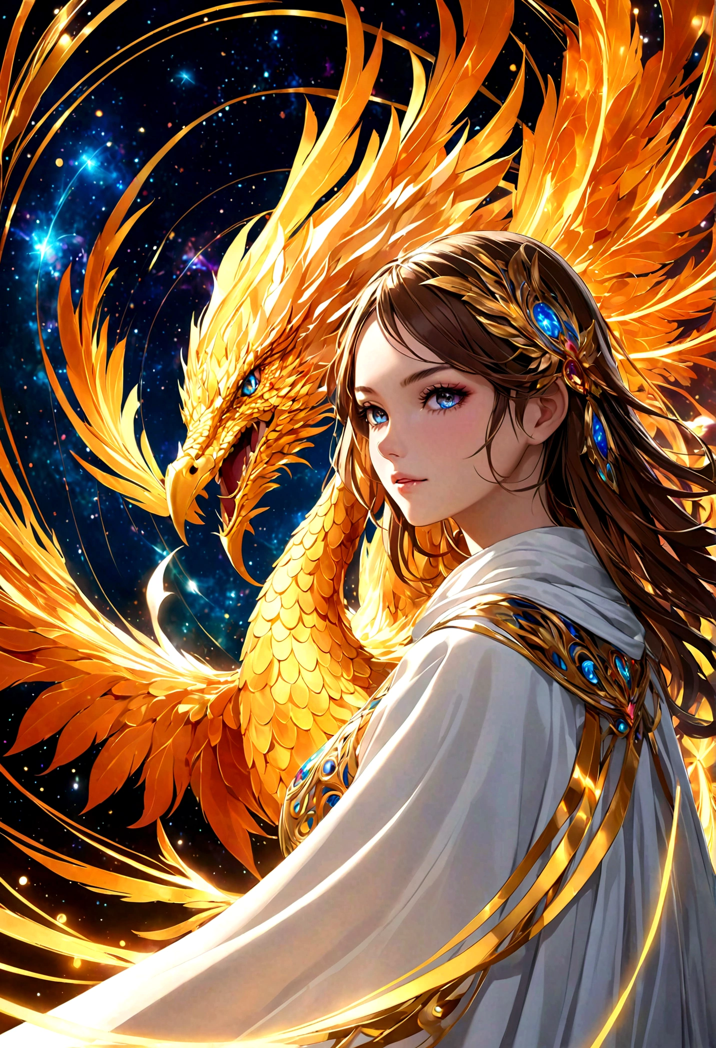 (masterpiece, Top quality, best quality, Official Art, beautiful and aesthetic:1.2), (1 Girl), Extremely detailed eyes, (Fractal Art:1.3), rich and colorful, The most detailed, (Perfect face), shiny skin, HDR, (white cloak golden lines:1.2), galaxy, (Light streaks), Eye-Catching Visuals, (Dynamic Stripes, Luminous trails:1.2), Vibrant colors, (Phoenix), (dragon)