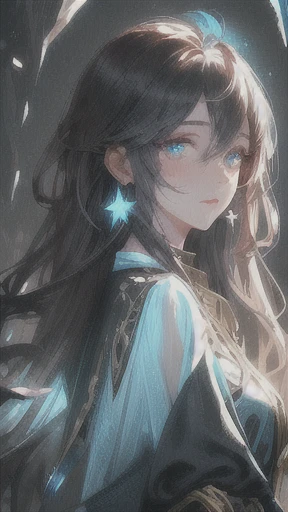 A princess, black (bioluminescent dress), long hair, crystal, flowers, detailed eyes, stars in the eyes