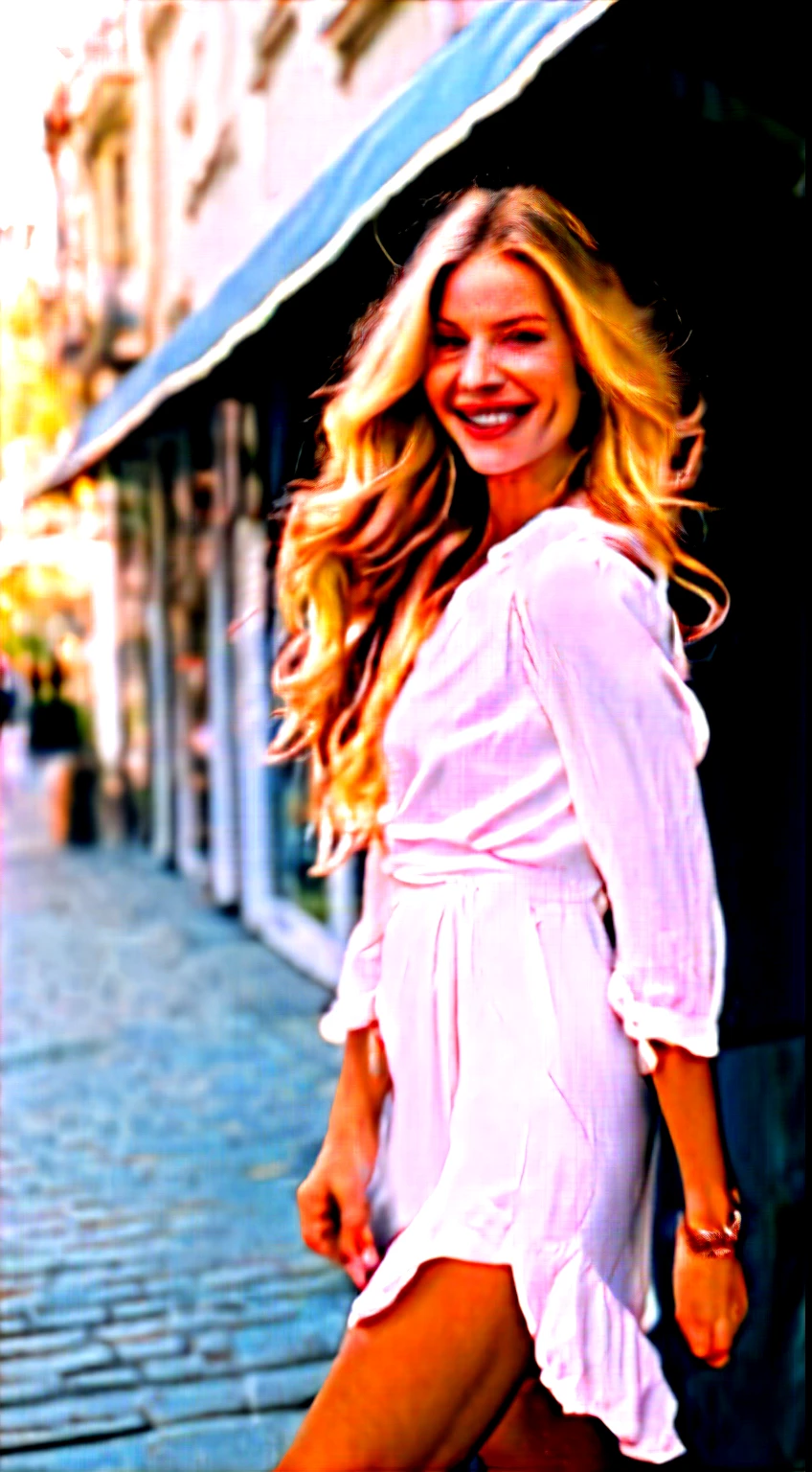 Photo of a European woman, raw, blue eyes, beautiful face, (Extra long wavy blonde hair), (finely detailed skin), pale skin, moist, wearing a short white dress, high red heels, out in the streets smiling in the day light, in front of a building, (masterpiece) (photorealistic), ultrarealistic (Best Quality) (Detailed) photographed in a Canon EOS R5, 50mm Lens, F/2.8, (8K) (Wallpaper) (Cinematic lighting) (Dramatic Lighting) (Convoluted) Fashion,