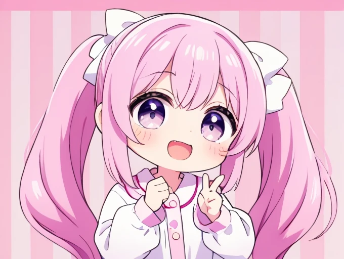 (pastel:1.2)、(Chibi Girl:1.2)、Esbian all over、Long twin tails、Bow and Bow、border pajamas、Funny pose、Understood!、Laughter、Fingertip pose、Vertical striped background、Baby pink gradation