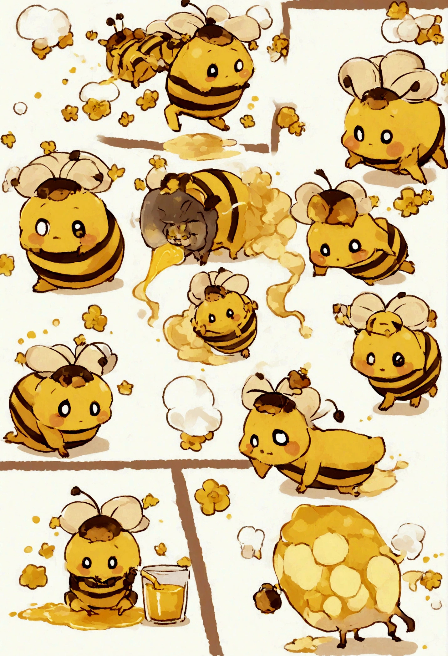 Create illustrations, 像蜜蜂一样的生物在Honey罐里大快朵颐. Imagine these bee-like creatures, die den Honey mit ihren winzigen Beinen halten und es begeistert verschlingen, (Honey)