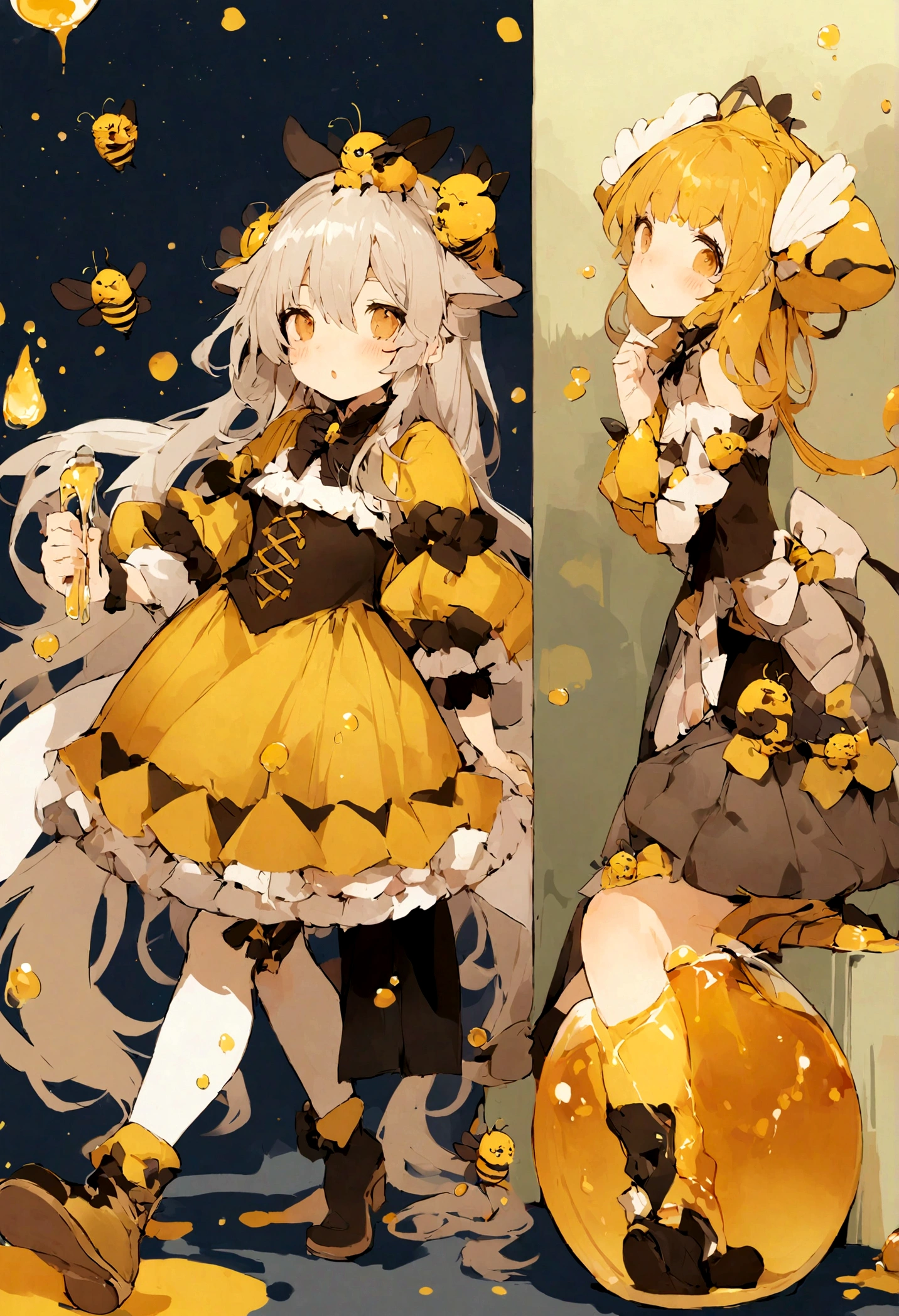 Create illustrations, 像蜜蜂一样的生物在Honey罐里大快朵颐. Imagine these bee-like creatures, die den Honey mit ihren winzigen Beinen halten und es begeistert verschlingen, (Honey)