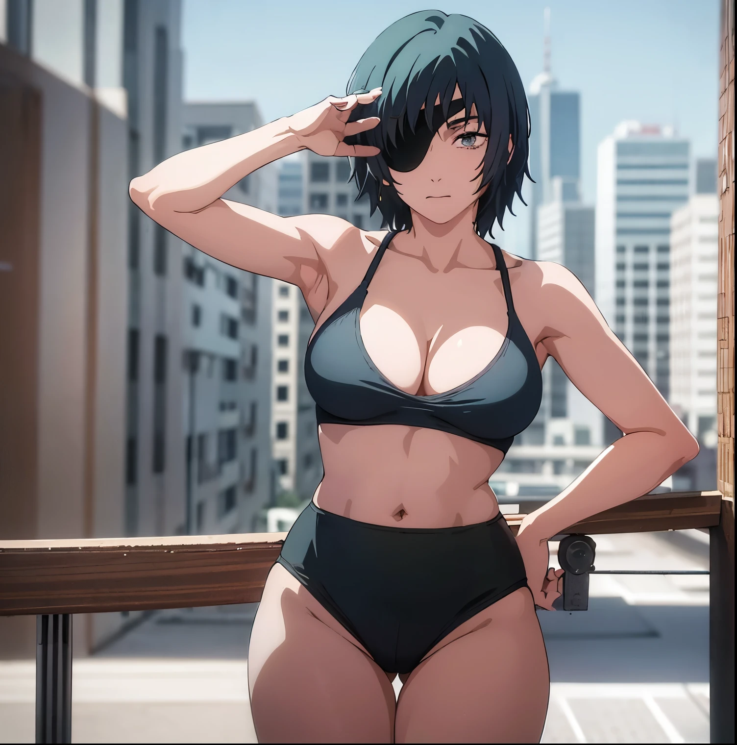 1girl, alone, himeno (chainsaw man), short hair, black hair, black pirate eye patch, green eye, big breasts, medium waist, wide hips, medium thighs, eye patch, outside, apartment, terrace ,city landscape,standing, (tank shirt:1.3),tight white shirt,(neckline:1.3),bare shoulders,bare waist,visible navel,(blue shorts:1.3),short shorts,tight shorts,shoes black,nsfw, detailed eyes, sexy pose,1woman,alone, best quality, shy face, seductive, sexy posture, curvy body, mature woman, 4k, detailed body, detailed face, masterpiece, looking at viewer, head on, focus on the breasts, pov (from the middle), (perfect hands), (perfect anatomy)