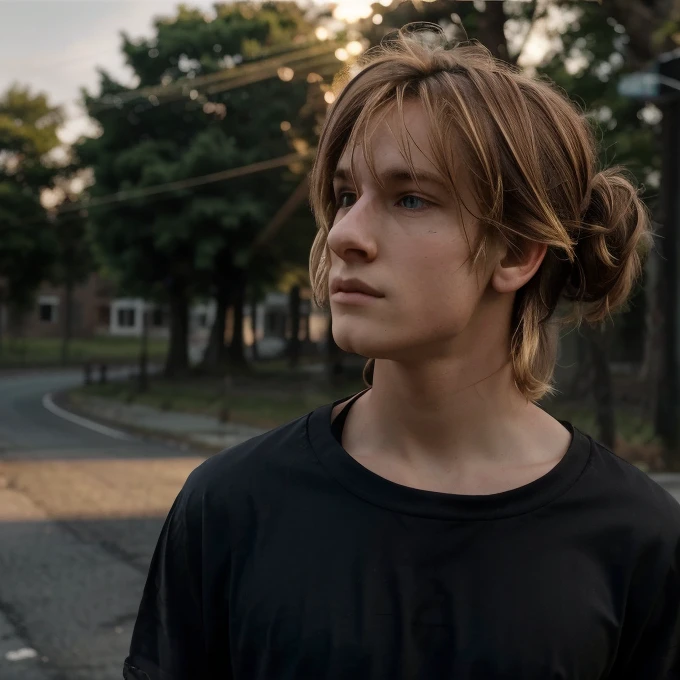 20-year-old guy, Black Full Sleves Shirt,silky blonde disheveled hairstyle, Square face shape, light beard, looking up at the camera, Walking on an empty road, Direct ownership, perfect  lighting, deep shadow, Best Quality, Masterpiece, ultra highres, Photorealistic