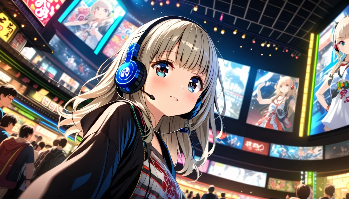 highest quality, Ultra-high resolution, One Girl、cute,(Platinum Blonde Hair:1), ((Puffy eyes)), View Audience(Depth of Field HDR 8K 4K Wallpaper Cinematic Angle, Osaka Namba,headphone,listen to music
