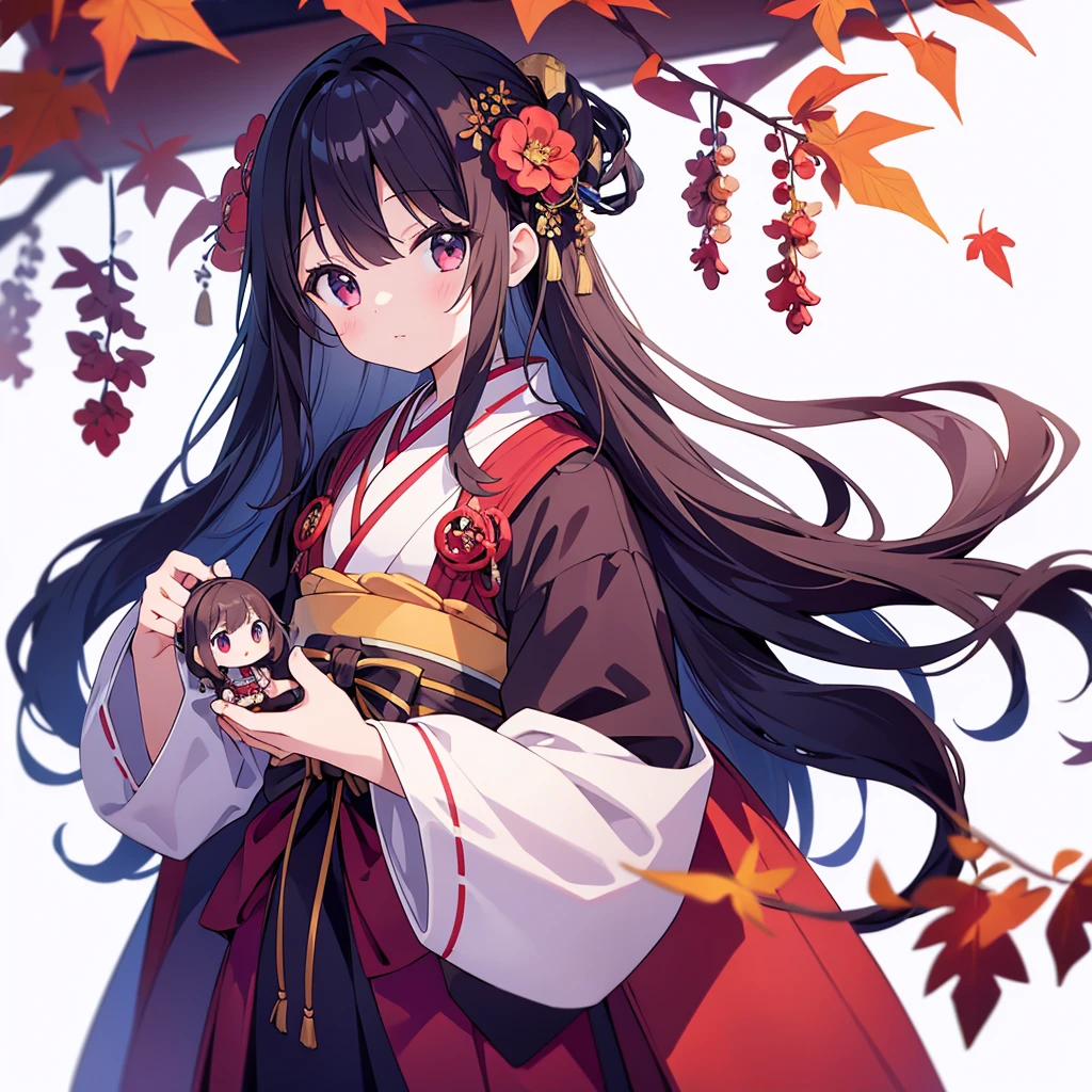 masterpiece、(highest quality)、(White Background)、(Perfect hands)、( girl)、(1 person)、kimono、Autumn foliage、doll'festival、Red eyes、Bob Hair、Black Hair