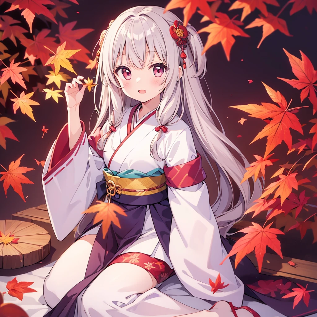 masterpiece、(highest quality)、(White Background)、(Perfect hands)、(10 year old girl)、(1 person)、kimono、Autumn foliage、doll&#39;festival、Red eyes、Bob Hair、Black Hair