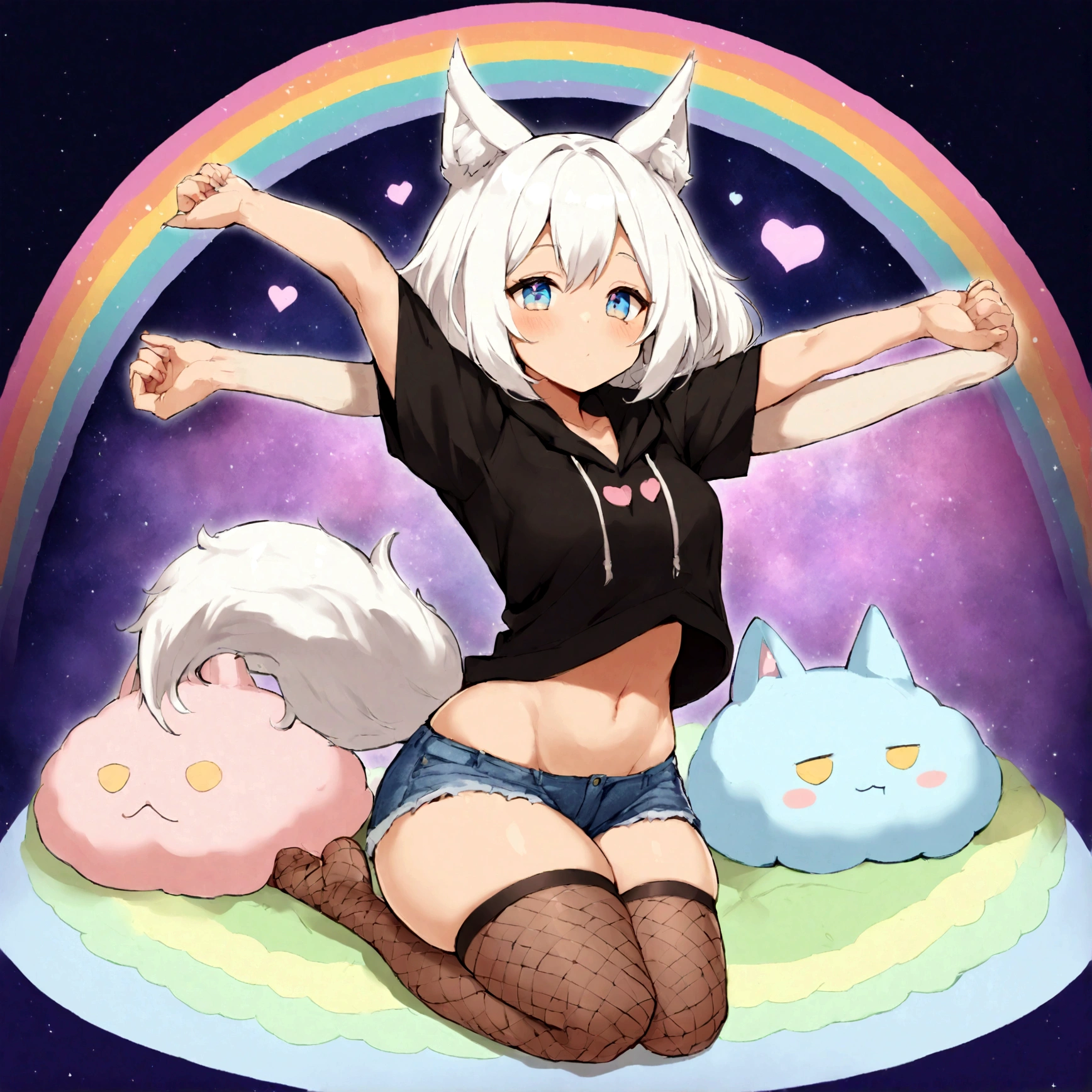 a cute adult male with wolf ears,long white hair with long locks, has a wolf tail, wearing a loose cropped oversized black hoodie, wearing a pair of denim short shorts and thigh high fishnet stockings, thick thighs, wide hips, relaxing on mound of fluffy multi colored kawaii plushies, short, very slim, showing slender tummy, stretching out, heart on hoodie, squishy thighs, has glowing blue eyes. alone, solo (ALONE)(SOLO), surrounded by rainbows, colorful galaxy backround, nice butt