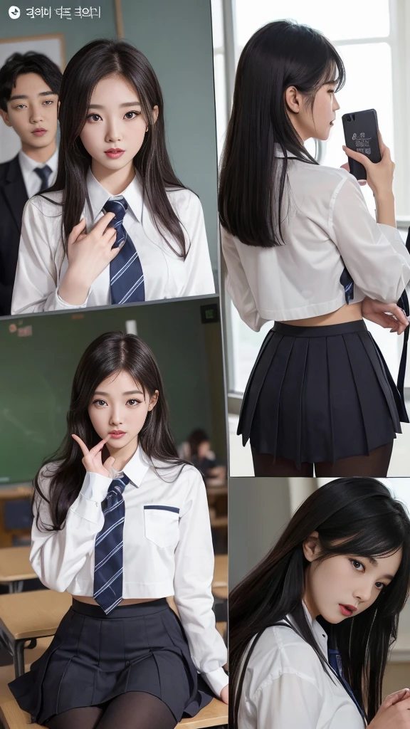 (high quality), (NSFW:1.2), (school _uniform :1.2), (split screen:1.3), (A delinquent:1.3),(girl's pantyhose:1.1), glamorous and mature high school girl and a Korean adult man enjoying a smartphone chat app, Her smartphone display shows a number of Korean adult men chatting to a high school girl., Their chat language is English, Men are waiting for her response, popup window, And there's a man, This man is requesting a chat with her on the smartphone screen. Chat takes place alternately between women and men..
