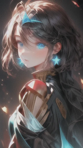 A princess, black (bioluminescent dress), long hair, crystal, flowers, detailed eyes, stars in the eyes