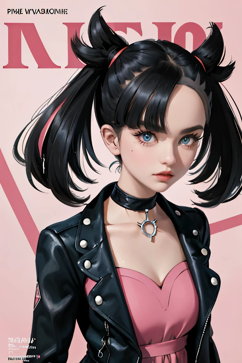 Marnie (pokemon), punk girl, masterpiece, best quality, highres, marnie, aqua eyes, choker, red ribbon, Side bangs, black hair, much hair, big breasts, black lether jacket, pink dress, masterpiece, best quality, spring outfit, colorful hair, outdoor, magazine cover ,upper body, adult, 26 years.