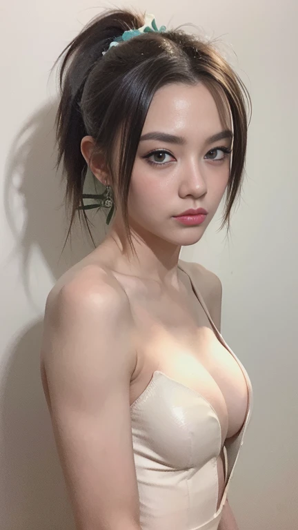 (masterpiece:1.2), (absurdres), (detailed face),(detailed eyes), (best quality) (traditional media:1.2)  , (white backround), (expressionless),  small , ponytail hair, gauntlets, green eyes, hair ribbon,  armored dress, cleavage, ahoge, blue dress, ()