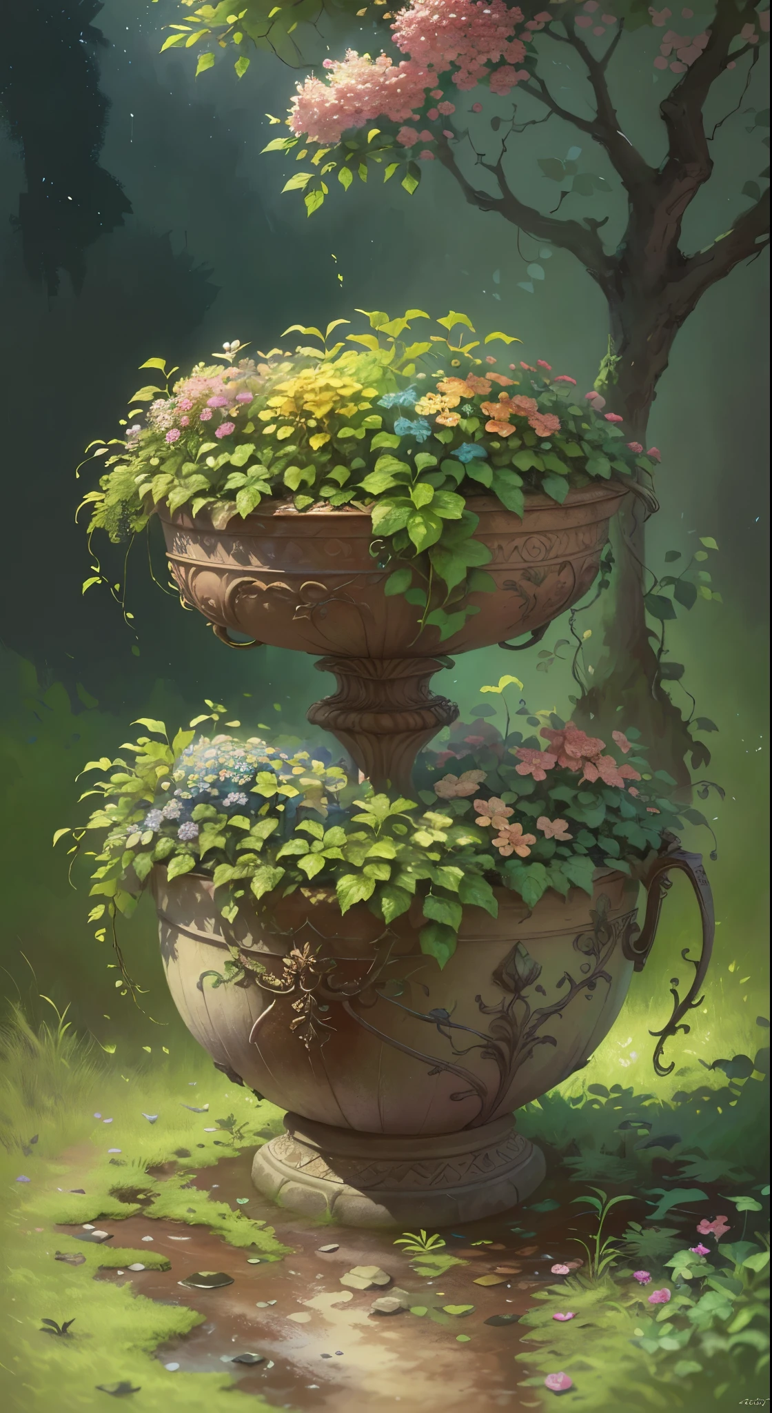a lush, overgrown garden, (best quality, 4k, 8k, highres, masterpiece:1.2), ultra-detailed, (realistic, photorealistic, photo-realistic:1.37), intricate vines, detailed leaves, vibrant flowers, petals, natural landscape
