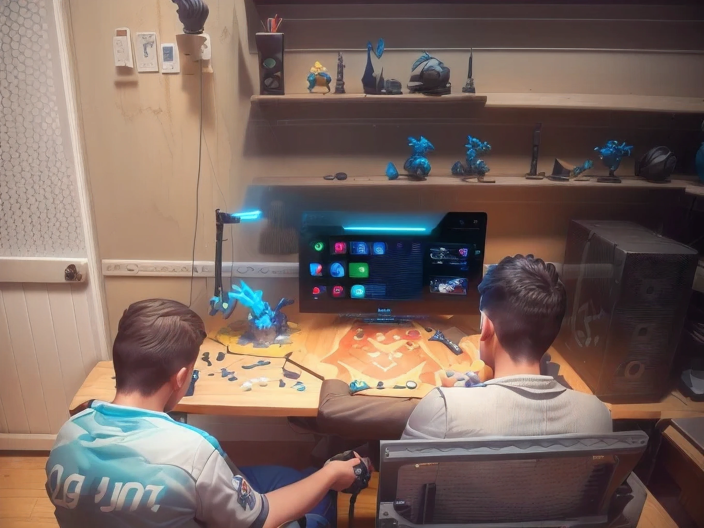 there are two boys sitting at a table playing a video game, Animation argile, Resin and clay art, Digital Artist, jouer aux jeux, Chef-d'3D work, échange sur art station, by Kanbun Master, en argile, # ok, #ok, tendance dans la station d'art, 3 nft, jouer au MDN, biopunk toys made in china