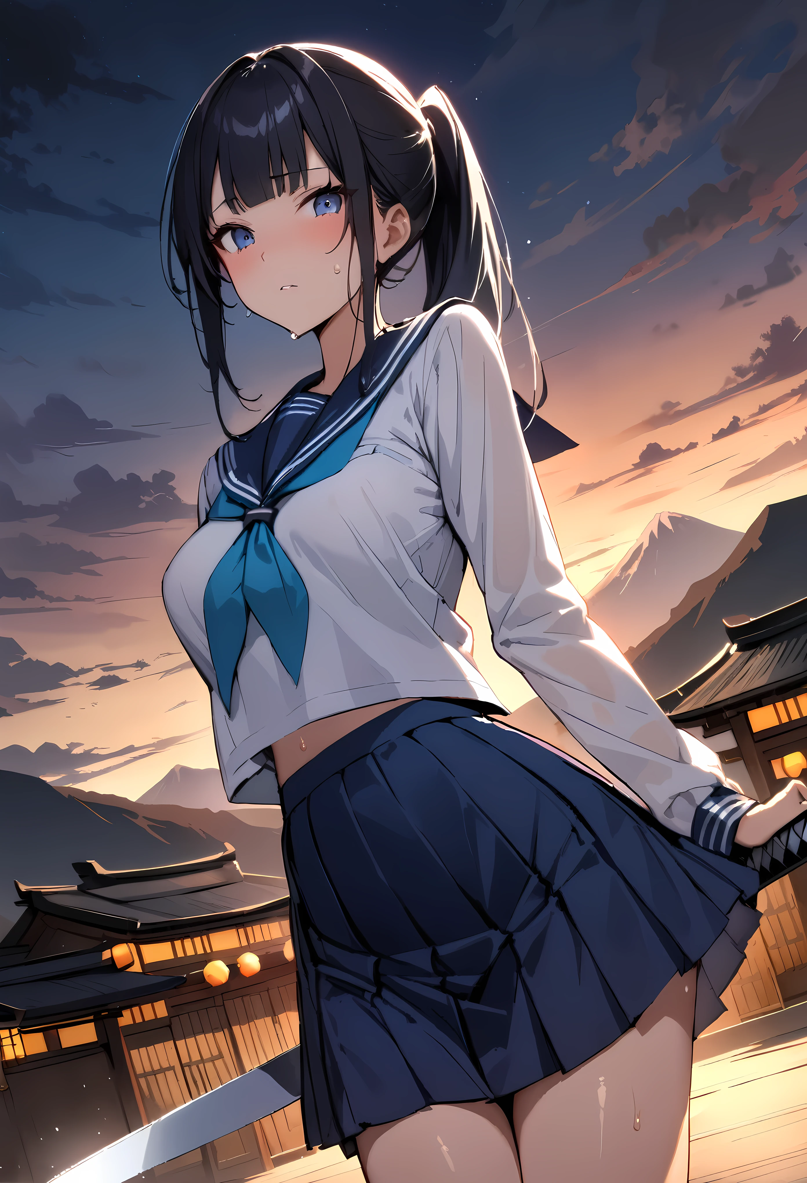 (((masterpiece, highest quality,absurdres))),cowboy shot,20 year old beauty,solo,((very small head:1.3)),ponytail hair style,long hair,blunt bangs,black hair,glay eyes,medium breasts,((very long body)),((slender body)),skinny,gleaming skin,shiny skin,sweat, ,(School uniform、Sailor suit、Navy blue pleated mini skirt),1Holding a Japanese sword ,shrine、Mountainous area、Late at night、moonlight、