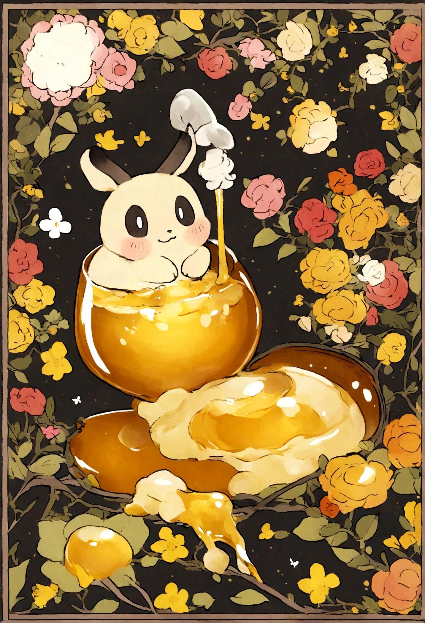 Create illustrations, 像蜜蜂一样的生物在Honey罐里大快朵颐. Imagine these bee-like creatures, die den Honey mit ihren winzigen Beinen halten und es begeistert verschlingen, (Honey)