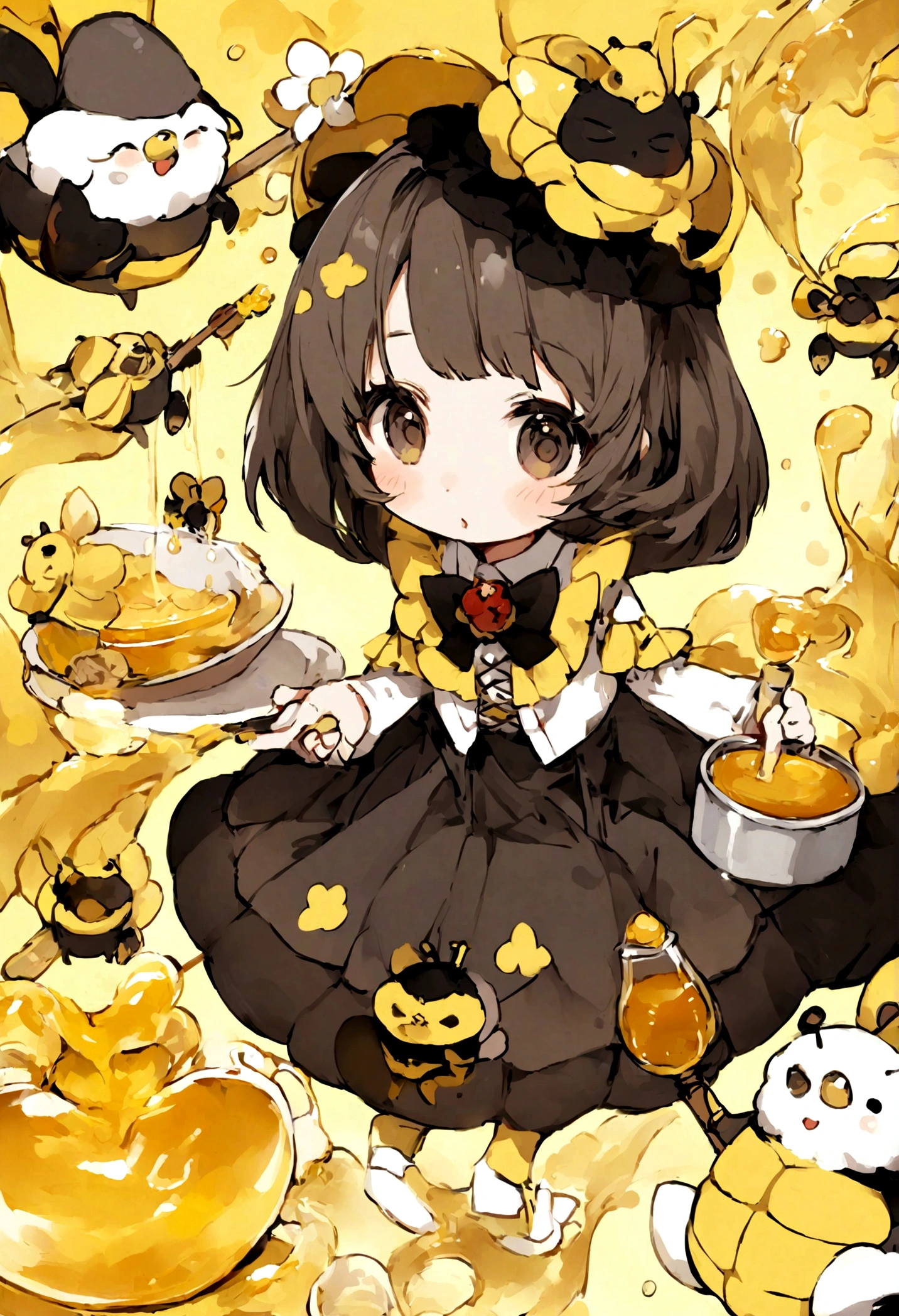 Create illustrations, 像蜜蜂一样的生物在Honey罐里大快朵颐. Imagine these bee-like creatures, die den Honey mit ihren winzigen Beinen halten und es begeistert verschlingen, (Honey)