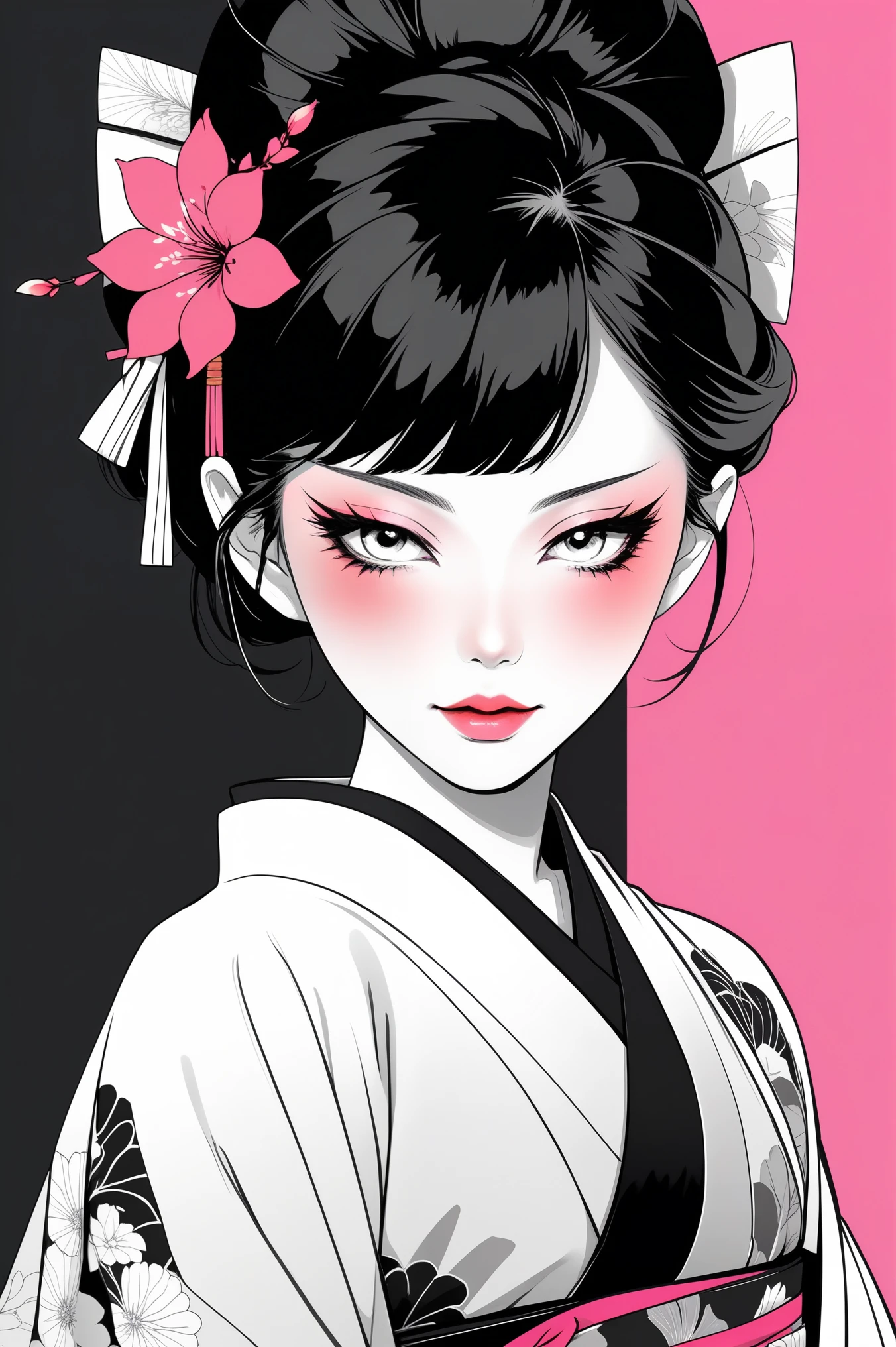 (best quality, sketch:1.2),Practical,ilustrador,Japanese cartoons,1 girl, Detailed lips, kimono,Entertainment, black and white gradient background,Neon hair,Texture cropping, masterpiece, The style is vintage, Deep Black 