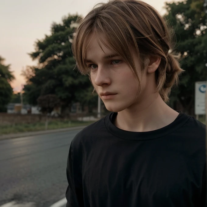 20-year-old guy, Black Full Sleves Shirt,silky blonde disheveled hairstyle, Square face shape, light beard, looking up at the camera, Walking on an empty road, Direct ownership, perfect  lighting, deep shadow, Best Quality, Masterpiece, ultra highres, Photorealistic