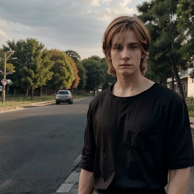 20-year-old guy, Black Full Sleves Shirt,silky blonde disheveled hairstyle, Square face shape, light beard, looking up at the camera, Walking on an empty road, Direct ownership, perfect  lighting, deep shadow, Best Quality, Masterpiece, ultra highres, Photorealistic