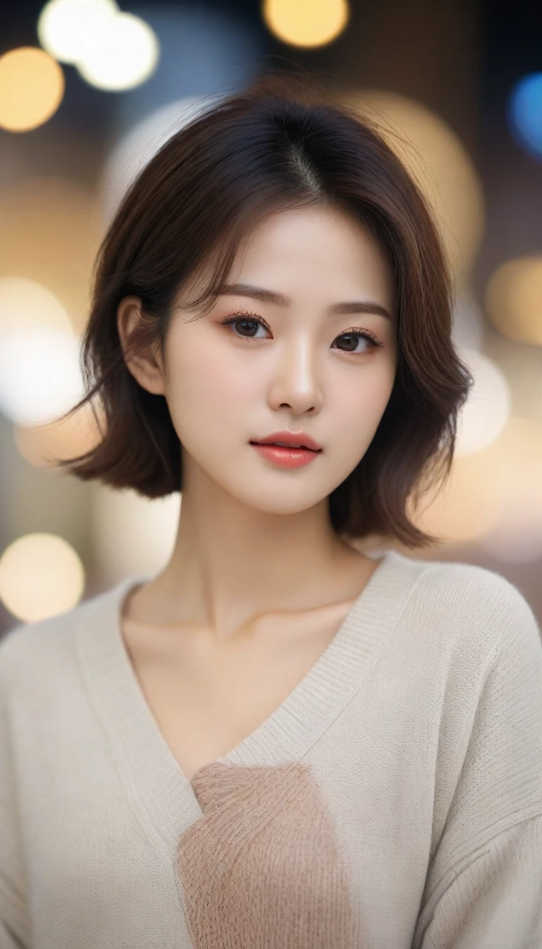 Close up of beautiful Korean woman, light hair, Chest size 34 inches, Wearing a rolled-up sleeve sweater, bokeh background,UHD , Short hair